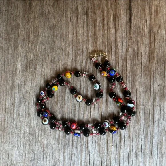 Vintage Murano Glass Bead Necklace With Colorful Millefiori Pattern